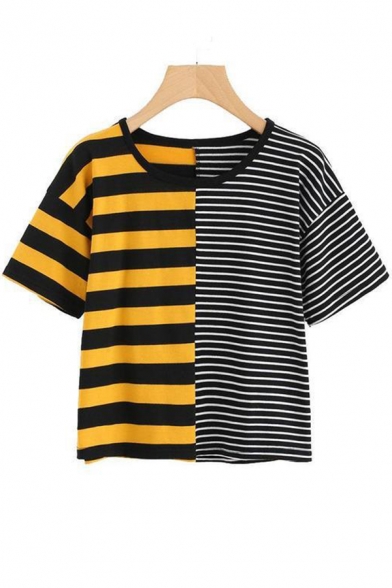 Hot Fashion Black and Yellow Colorblock Striped Casual T-Shirt