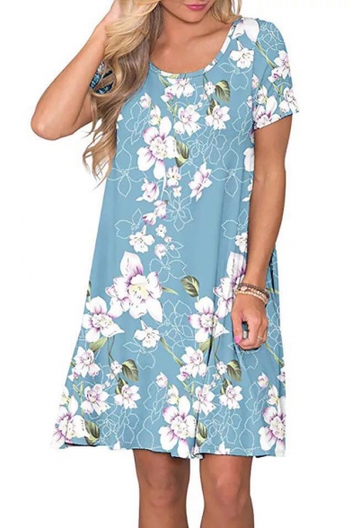 Light Blue Floral Printed Round Neck Short Sleeve Mini Swing Dress