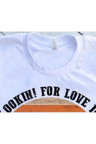 LOOKIN'FOR LOVE IN Letter Character Striped Printed White Round Neck Short Sleeve Tee
