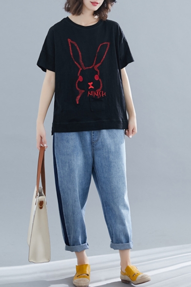 Lovely Cartoon Rabbit Printed Round Neck Short Sleeve Relaxed Fit T-Shirt