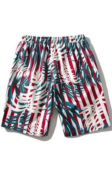 Mens Trendy Stripe Tropical Leaf Print Drawstring Waist Casual Red Beach Swim Trunks
