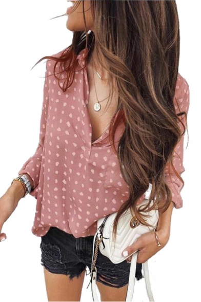 New Fancy Chic Polka Dot Printed Long Sleeve V-Neck Womens Casual Blouse Shirt