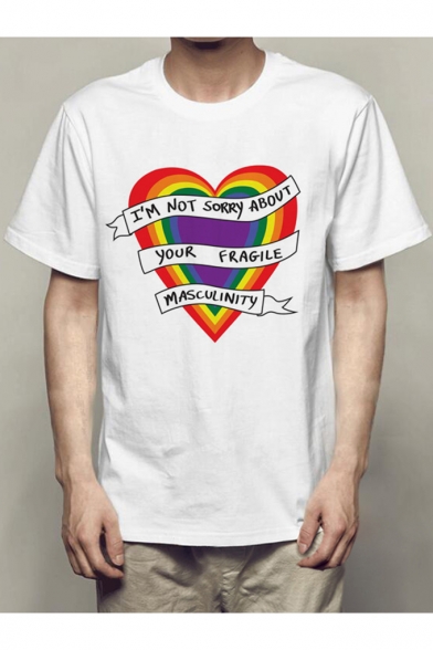 New Fashion Gay Rainbow Heart Letter I'M NOT SORRY Basic White Short Sleeve Graphic Tee