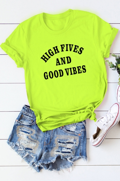 New Popular Letter GOOD VIBES Printed Cotton Loose Short Sleeve Tee