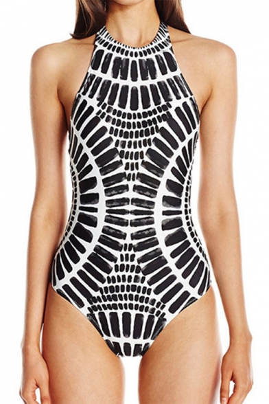 New Stylish Printed Halter Neck Open Back Womens Black Slim One Piece Swimsuit Swimwear
