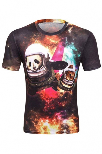 New Trendy 3D Galaxy Cartoon Cat and Panda Printed Basic Round Neck Short Sleeve T-Shirt For Men