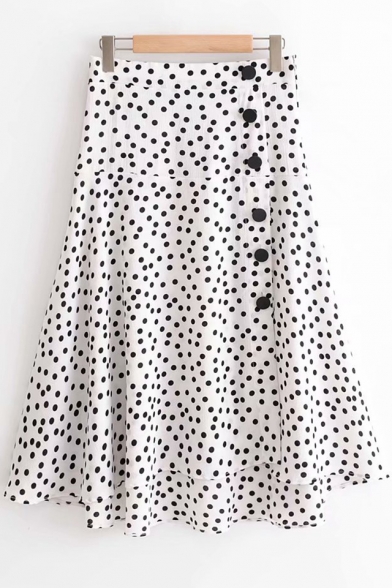 New Trendy Classic Polka Dot Printed Button Down Side White Chiffon Flowy Skirt