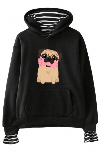 New Trendy Cute Cartoon Pug Dog Striped Inside Long Sleeve Pullover Hoodie