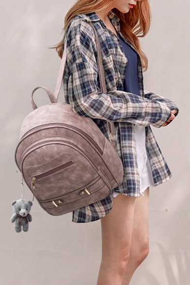New Trendy Solid Color Bear Pendant Zipper Rivet Embellishment School Bag Casual Backpack 29*13*35 CM