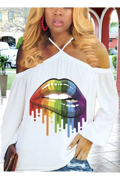 Street Fashion Cool Colorful Oil Painting Rainbow Lip Print Cold Shoulder Long Sleeve White Tee for Women