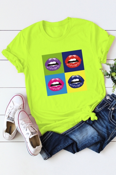 Street Style Funny Lip Printed Basic Short Sleeve Cotton Loose T-Shirt