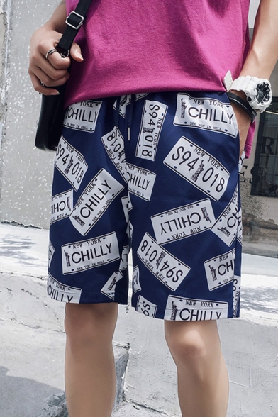 Stylish Allover Letter CHILLY Dollar Print Drawstring Waist Casual Loose Swim Shorts for Guys