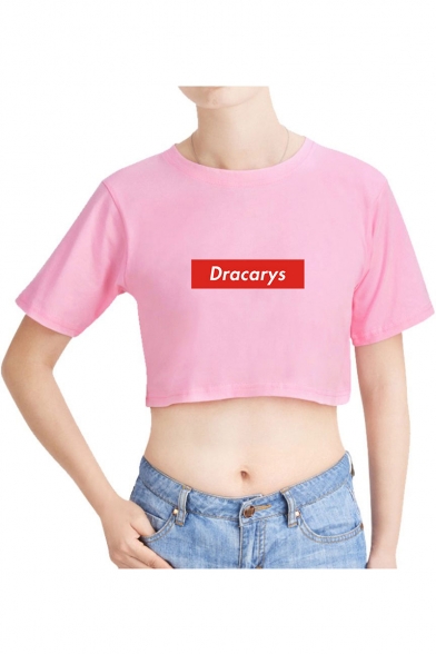 Summer Basic Simple Letter DRACARYS Printed Round Neck Short Sleeve Relaxed Crop T-Shirt