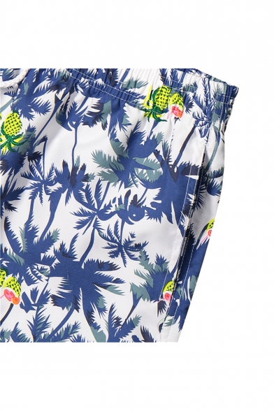 Summer Blue Tropical Printed Drawstring Waist Quick Dry Surfing Swim Trunks for Men