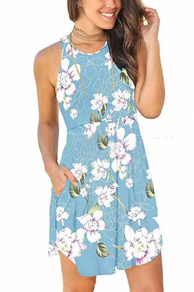 Summer Chic Floral Pattern Round Neck Sleeveless Mini Light Blue A-Line Tank Dress