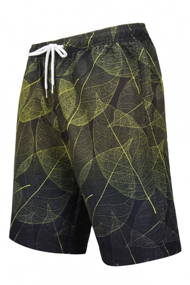 Summer Chic Green Leaf Printed Mens Quick Dry Surfing Swim Trunks with Liner