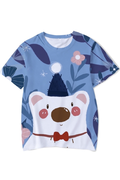 Summer Cute Cartoon Blue Bear Printed Short Sleeve Casual T-Shirt