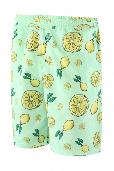 Summer Cyan Pear Lemon Printed Guys Elastic Waist Beach Shorts Swim Trunks with Liner