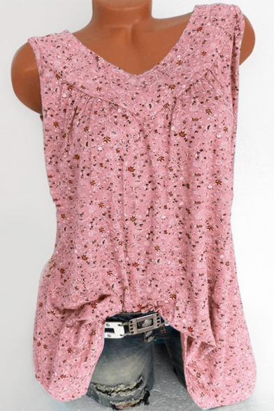 Summer Fashion Floral Printed Sleeveless V-Neck Tank Blouse Top