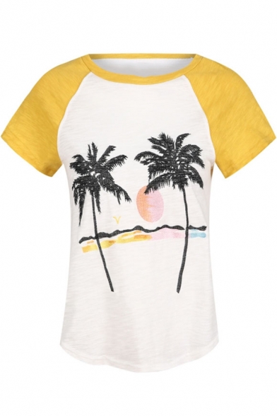 Summer Holiday Tropical Coconut Tree Print Raglan Sleeve Yellow Casual Tee