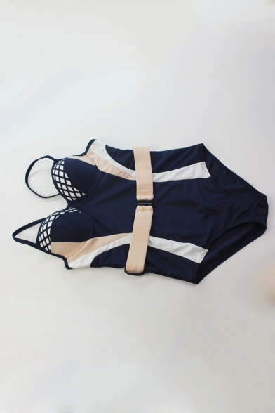 Summer New Trendy Colorblock Womens Blue One Piece Swimsuit