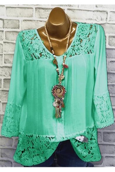 Summer Solid Color V-Neck Three-Quarter Sleeve Lace Panel Relaxed T-Shirt