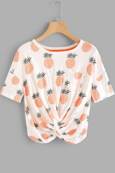 Summer Trendy Allover Pineapple Printed Round Neck Short Sleeve Twist T-Shirt