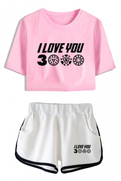Summer Trendy Letter I LOVE YOU 3000 Cropped Tee with Loose Shorts Casual Two-Piece Set for Girls