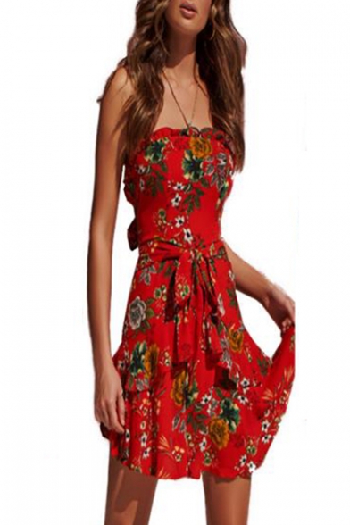 Summer Trendy Red Floral Printed Tied Waist Mini Ruffled Bandeau Dress