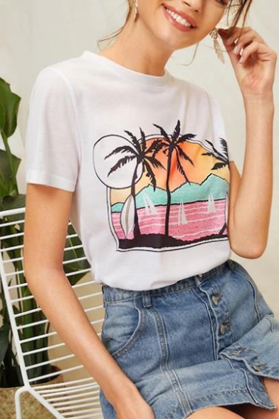 Summer Trendy Tropical Coconut Palm Printed Short Sleeve White Casual Tee