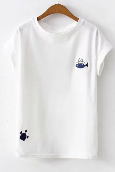 Summer White Simple Fish Cat Embroidery Round Neck Casual Tee
