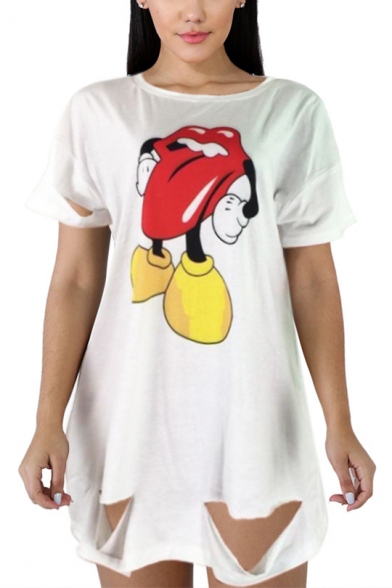 Summer Womens Funny Cartoon Tongue Lip Printed Cutout Hem White Lingline Oversized T-Shirt