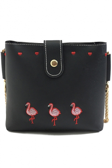 Trendy Flamingo Heart Embroidery Pattern Crossbody Bag with Chain Strap 18*6*16 CM