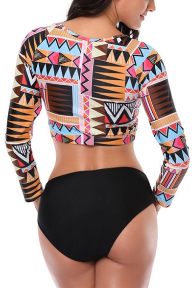 Unique Geometric Printed Round Neck Long Sleeve Hollow Out Bikini Swimwear