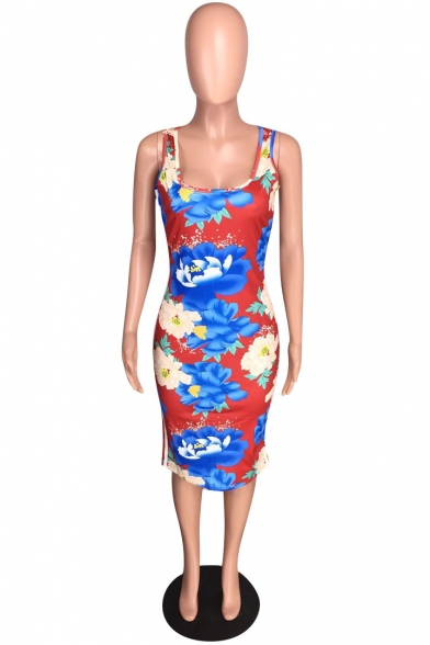 Women Color Block Floral Side Stripe Print Scoop Neck Sleeveless Midi Bodycon Dress