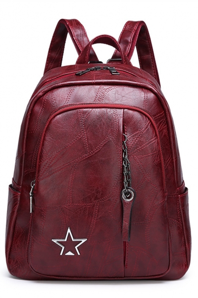 Women Plain Star Embellishment PU Leather School Backpack 25*13*35 CM