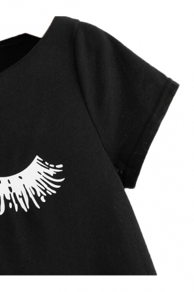 Women's Casual Cold Shoulder Short Sleeve Lip And Eyelash Print Summer Black T-Shirts
