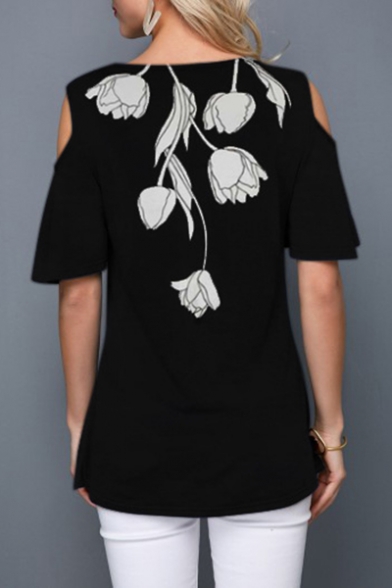 Women's Casual Floral Print Round Neck Cut Out Ruffle Short Sleeve Black T-Shirt