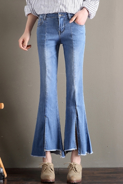 Women's Classic Fashion Raw Hem Split Cuff Fitted Blue Flared Jeans