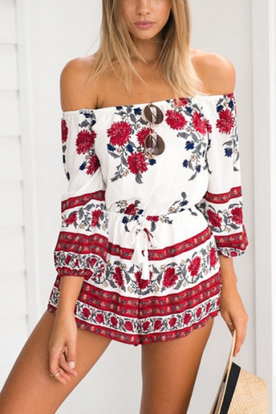 Women's Fashion Red Floral Printed Off the Shoulder Drawstring Waist Summer Beach Romper