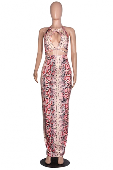 Women's Hot Fashion Leaf Print Halter Sleeveless Cut Out Detail Maxi Nightclub Bodycon Dress