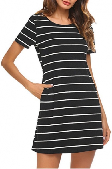Women's Hot Fashion Striped Printed Round Neck Short Sleeve Crisscross Back Mini T-Shirt Dress