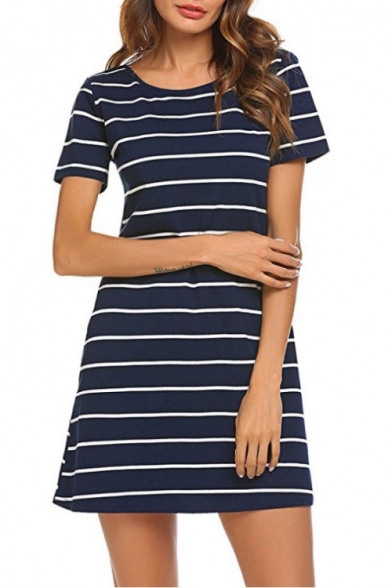 Women's Hot Fashion Striped Printed Round Neck Short Sleeve Crisscross Back Mini T-Shirt Dress