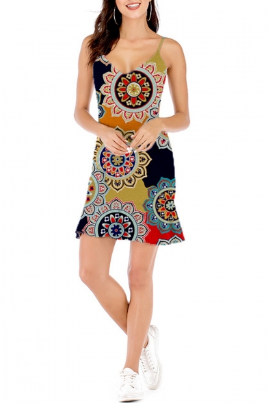 Women's Hot Fashion Tribal Printed V-Neck Sleeveless Cut Out Side Sheath Mini Cami Dress