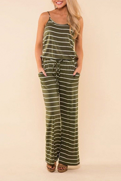 Women's New Striped Printed Scoop Neck Sleeveless Backless Drawstring Wide Leg Pants Jumpsuits