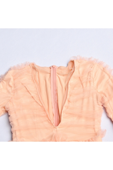 Women's New Stylish Plunge Neck Long Sleeve Lace Trim Pleated Detail Plain Mini Bodycon Apricot Dress