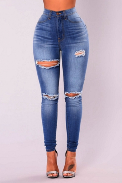 

Women' New Trendy High Waist Skinny Fit Distressed Ripped Blue Jeans, LM519703