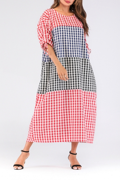Women's New Trendy Round Neck 3/4 Length Sleeve Color Block Plaid Maxi Oversize Cotton Dress