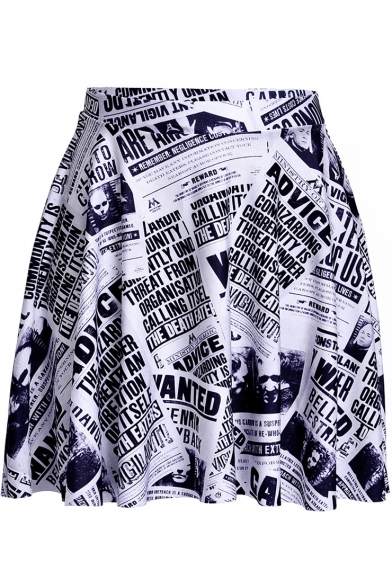 Women's Retro Black and White Newspaper Printed Mini Pleated Skater Skirt