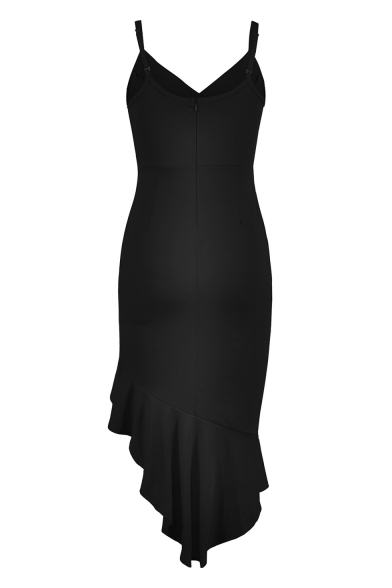 Women's Sexy Plain Printed V-Neck Sleeveless Fish tail Detail Midi Slip Bodycon Dress